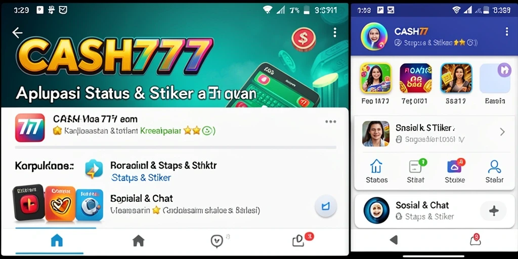 Antarmuka aplikasi CASH777 yang modern dengan berbagai stiker menarik.